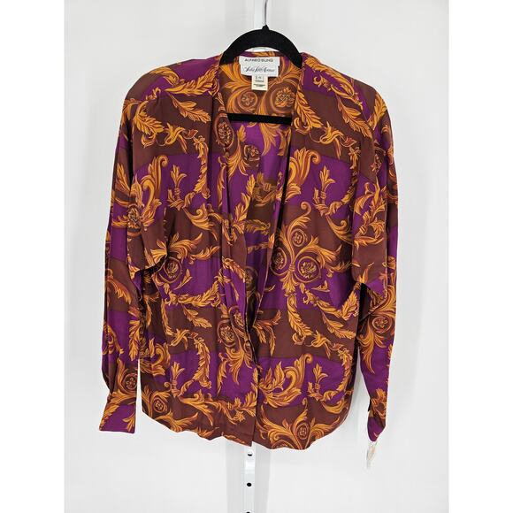 Alfred Sung Womens Sz 12 Long Sleeve Button Up 100% Silk Blouse Purple Gold VTG - Picture 1 of 5